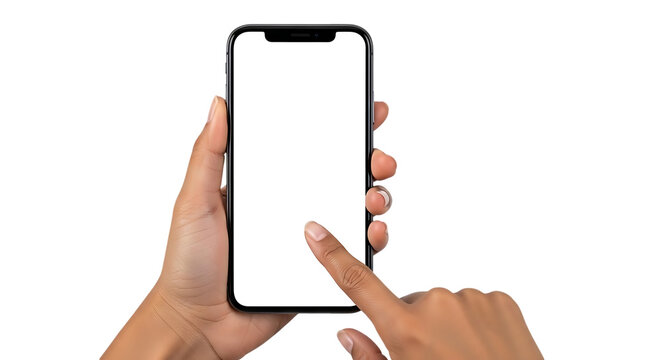 Close up of a person s hands holding a modern smartphone with a blank white screen against a dark background