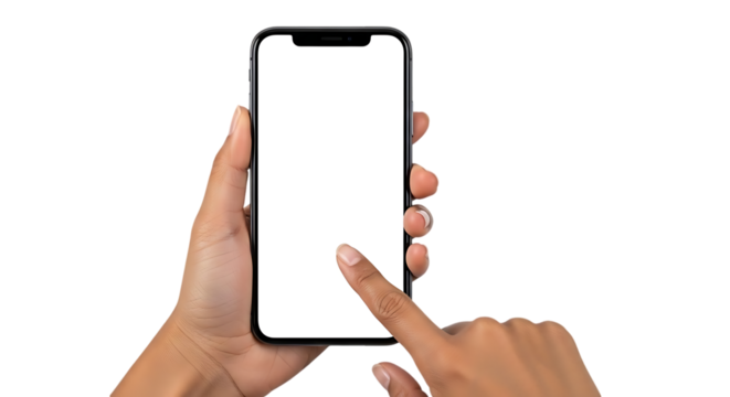 Close up of a person s hands holding a modern smartphone with a blank white screen against a dark background