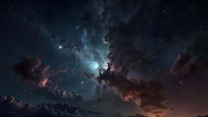 Stunning ultra-realistic render of a dramatically colorful celestial sky with the vast luminous band of the Milky Way extending over a dark mountainous horizon. Space and astronomy concept