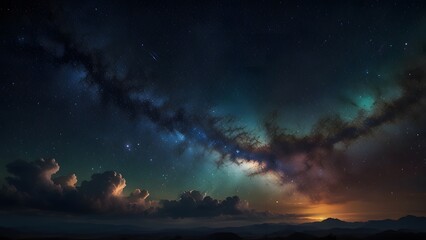 Stunning ultra-realistic render of a dramatically colorful celestial sky with the vast luminous band of the Milky Way extending over a dark mountainous horizon. Space and astronomy concept