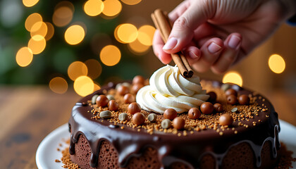Decorating Chocolate Cake with Marshmallow and Cinnamon