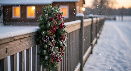 Festive Winter Scene With Snowy Deck and Wreath