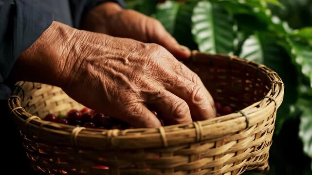 Close-up of weathered hands carefully picking ripe coffee cherries into a woven basket.
