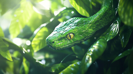 Naklejka premium A close-up of a vibrant emerald green snake slithering through the lush underbrush of a tropical rainforest, with sunlight filtering through the leaves, highlighting its sleek scales