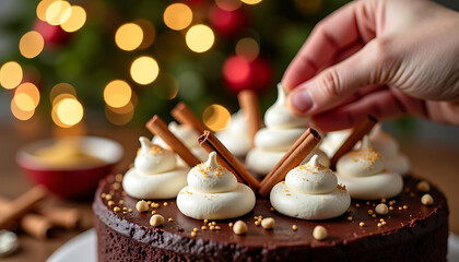 Decorating Chocolate Cake with Marshmallow and Cinnamon