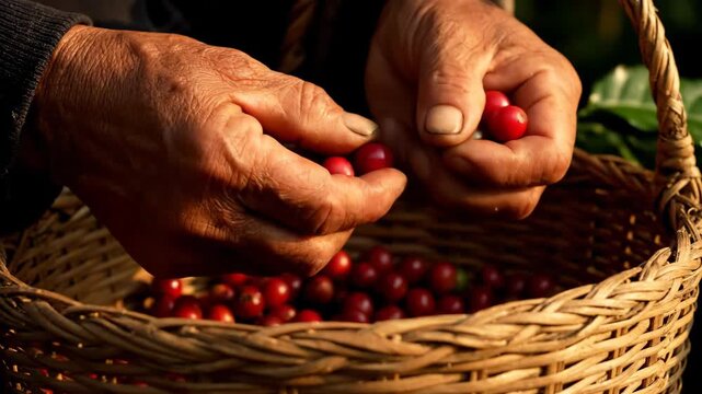 Close-up of hands picking ripe coffee cherries from a woven basket, showcasing the harvest.