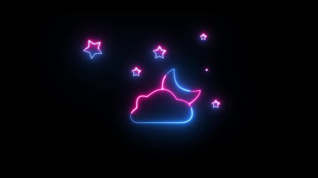 Neon line Moon crescent icon animation. Half moon filled icon sign symbol. Half moon, crescent with star, night sky background.