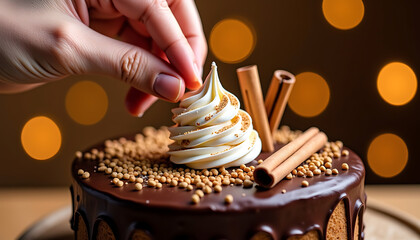 Decorating Chocolate Cake with Marshmallow and Cinnamon