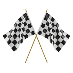 Obraz premium Two checkered racing flags crossed and waving against a stark black background symbolizing victory and the finish line