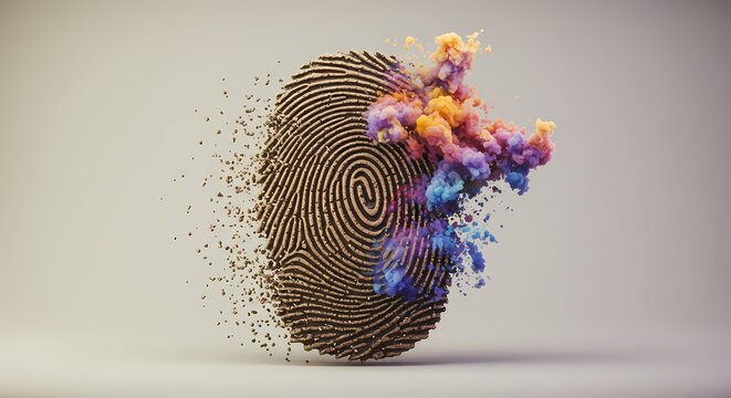 Abstract representation of a fingerprint with colorful smoke explosion, symbolizing identity and creativity