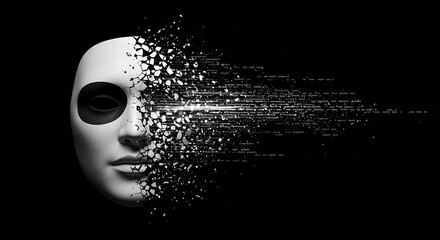 Abstract representation of a fragmented face merging into digital particles against a black background