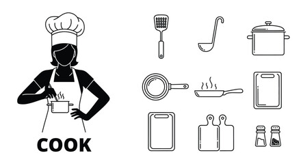 Chef cooking with kitchenware, perfect for culinary design projects