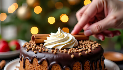 Decorating Chocolate Cake with Marshmallow and Cinnamon