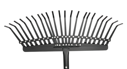 Close-up of a black metal garden rake on a greenscreen