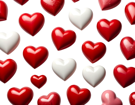 A vibrant arrangement of glossy red, white, and pink heart-shaped candies scattered on a stark black background, symbolizing love and affection