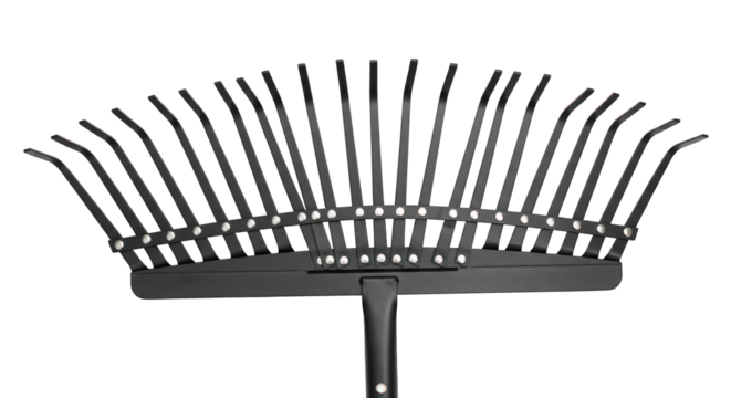 Close-up of a black metal garden rake on a greenscreen