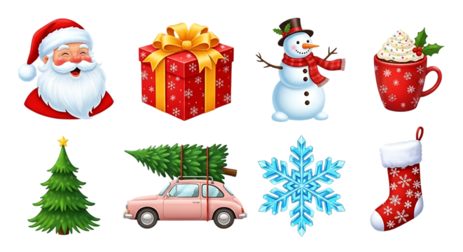 Festive christmas icons featuring santa claus snowman gift box hot chocolate christmas tree car snowflake and stocking on black background