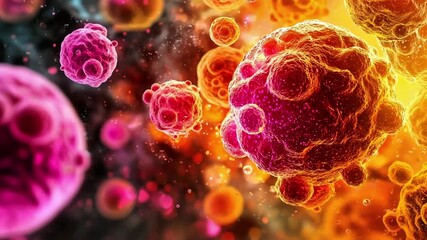 Abstract microscopic view of glowing pathogenic cells bacterium virus or cancer cells multiplying in a biological orange and pink environment - Powered by Adobe