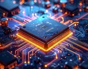 Close-up of a central processing unit glowing orange and blue