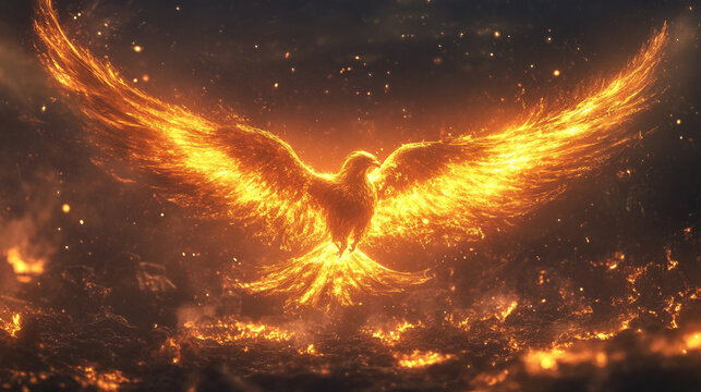 Phoenix rising from digital ashes symbolizing rebirth transformation resilience and the fusion of technology and mythical imagery in a dynamic visionary composition