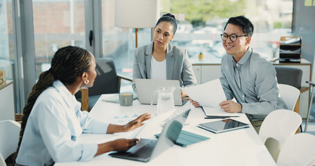 Fototapeta premium Business people, meeting or discussion with documents for collaboration, team project or statistics. Group, employees or conversation with paperwork for corporate performance or review in workplace