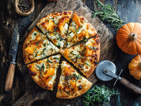 Sliced pumpkin pizza topped with herbs, presented on a wooden board, surrounded by autumn elements and a cozy atmosphere