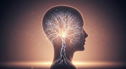 Abstract representation of a human head with a glowing tree symbolizing knowledge and growth