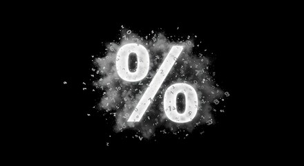 Abstract representation of a percentage symbol created with a cloud of particles on a dark background