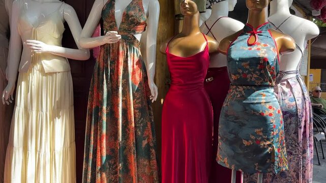 Tailor shop in Hoi An Old Town displaying custom-made dresses and handmade suits.