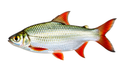 A vibrant red finned fish with silver scales swims gracefully isolated on transparent background