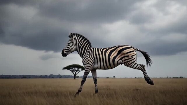 Zebra running across the african savanna under a cloudy sky with a single tree in view zebra video