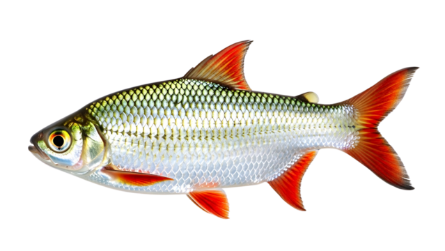 A vibrant red finned fish with silver scales swims gracefully isolated on transparent background