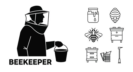 Beekeeper equipment icons showing honey harvesting and bee colonies