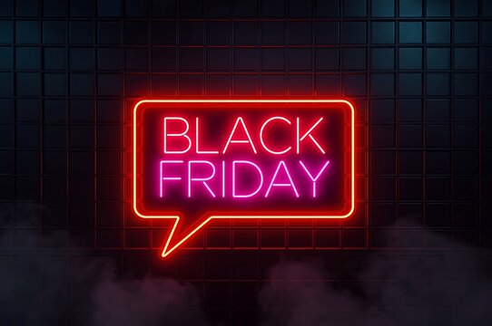 Bright red and pink neon sign in a speech bubble shape displaying the words black friday glowing against a dark brick wall background - Powered by Adobe