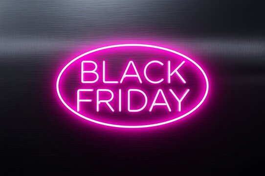 Vibrant pink neon sign glowing with the words black friday in an oval shape against a dark textured background - Powered by Adobe