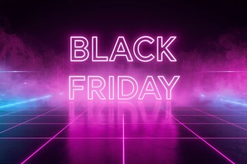 Vibrant neon sign glowing black friday in pink and blue hues with atmospheric smoke and light streaks creating a futuristic retail sale atmosphere