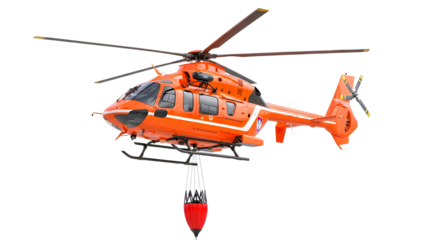 Orange rescue helicopter with a water bucket suspended from a cable isolated on transparent background