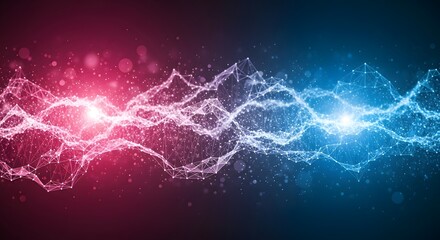 Abstract network of glowing particles and lines representing energy flow between red and blue