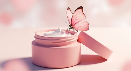 Pink cosmetic jar with butterfly on cream for beauty