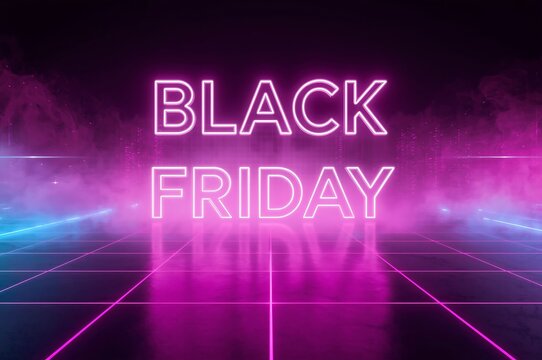 Vibrant neon sign glowing black friday in pink and blue hues with atmospheric smoke and light streaks creating a futuristic retail sale atmosphere