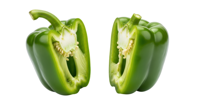 Bright fresh green bell pepper sliced in half, showing internal structure for food design isolated PNG with Transparent Background