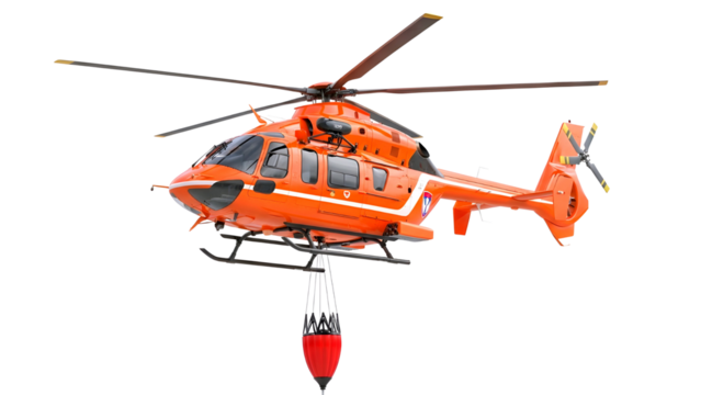 Orange rescue helicopter with a water bucket suspended from a cable isolated on transparent background