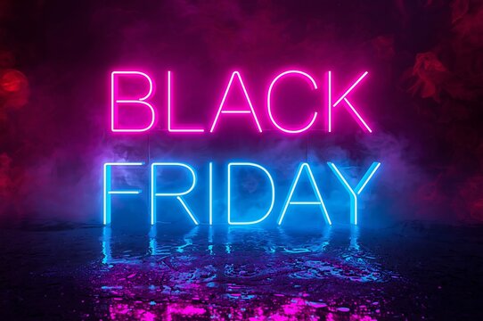 Vibrant neon sign illuminates black friday text in electric blue and hot pink against a dark moody background with reflections - Powered by Adobe