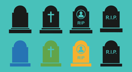 Colorful gravestones icons set for Halloween or funeral designs
