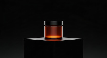 Minimalist amber jar with black lid on a black platform against a dark background