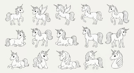 Set of cute hand drawn unicorn line art illustrations.
