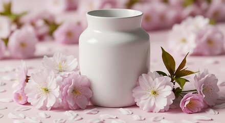 Elegant white vase surrounded by delicate pink cherry blossoms on a pink background