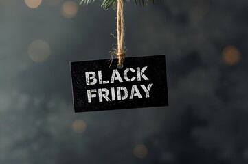 Black friday sign hanging from a festive decoration with blurred bokeh lights in the background symbolizing holiday shopping and sales events