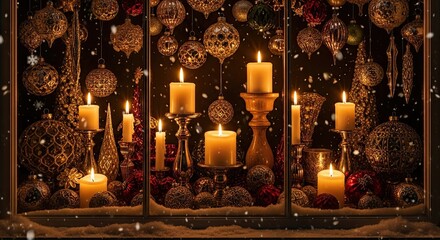 Warm glowing candles in ornate festive decorations with falling snow
