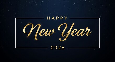 Elegant golden happy new year 2026 text design with a starry dark blue background and a white frame perfect for festive celebrations and event invitations